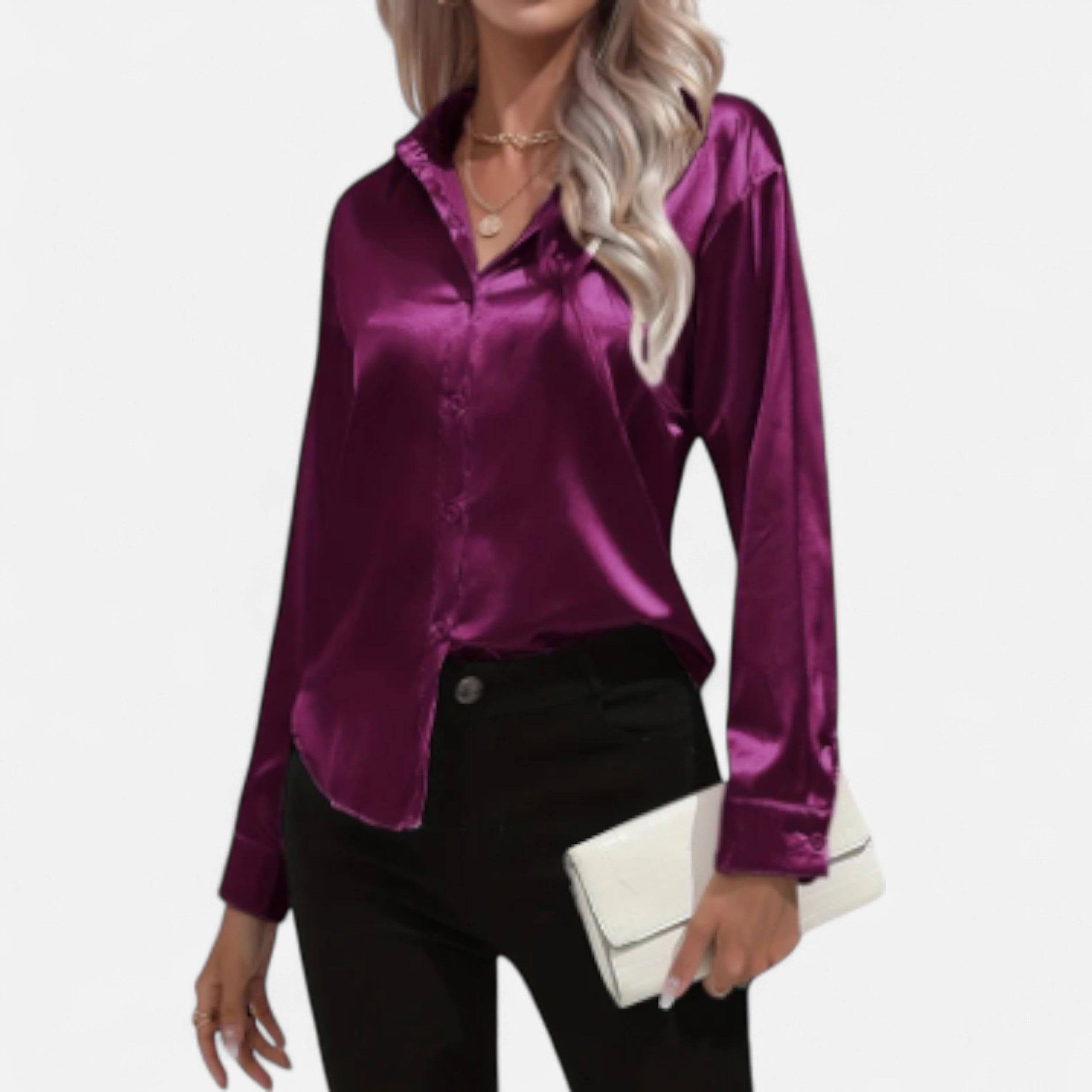 Solwiera | Damska Satynowa Koszula z Klasycznym Kołnierzem