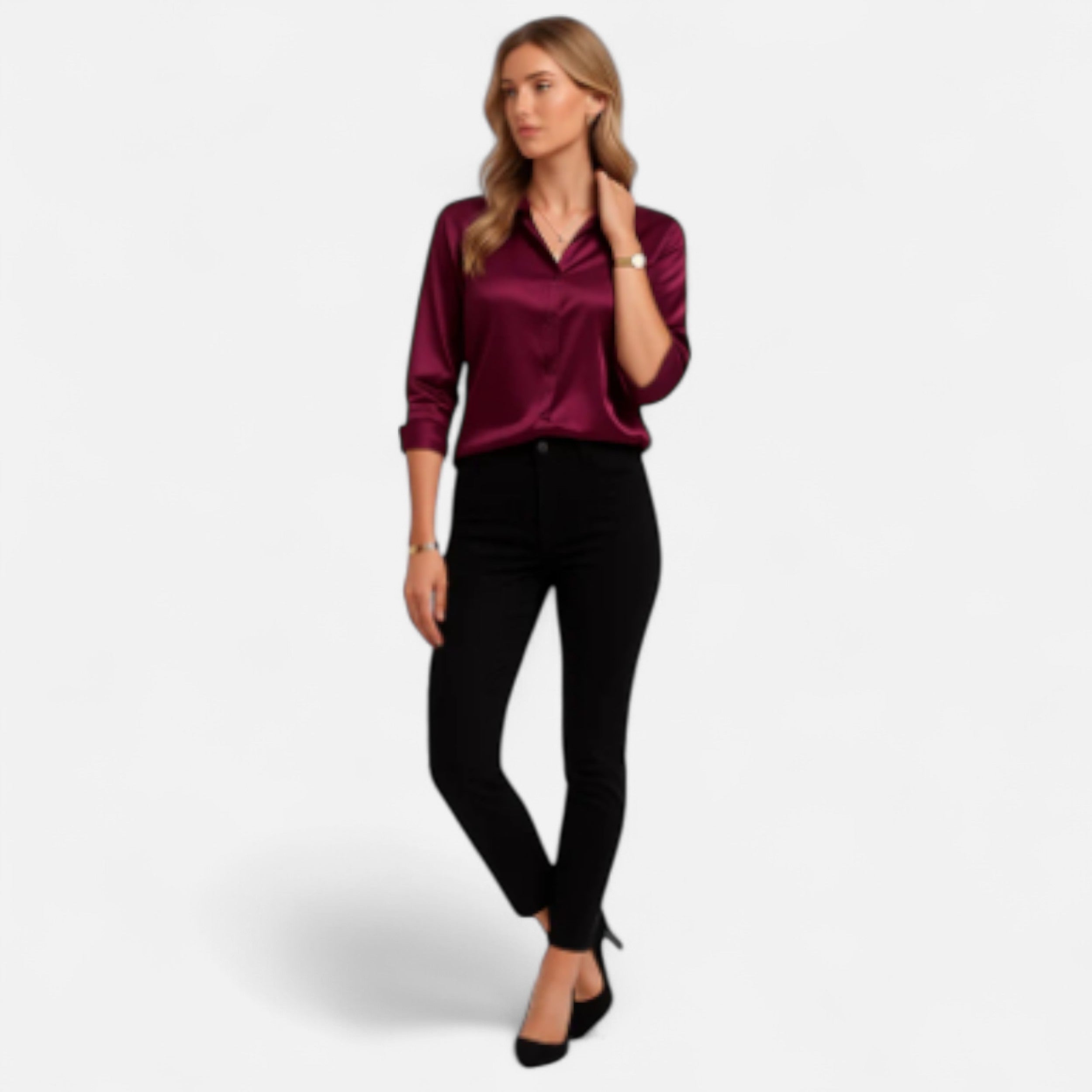 Solwiera | Damska Satynowa Koszula z Klasycznym Kołnierzem