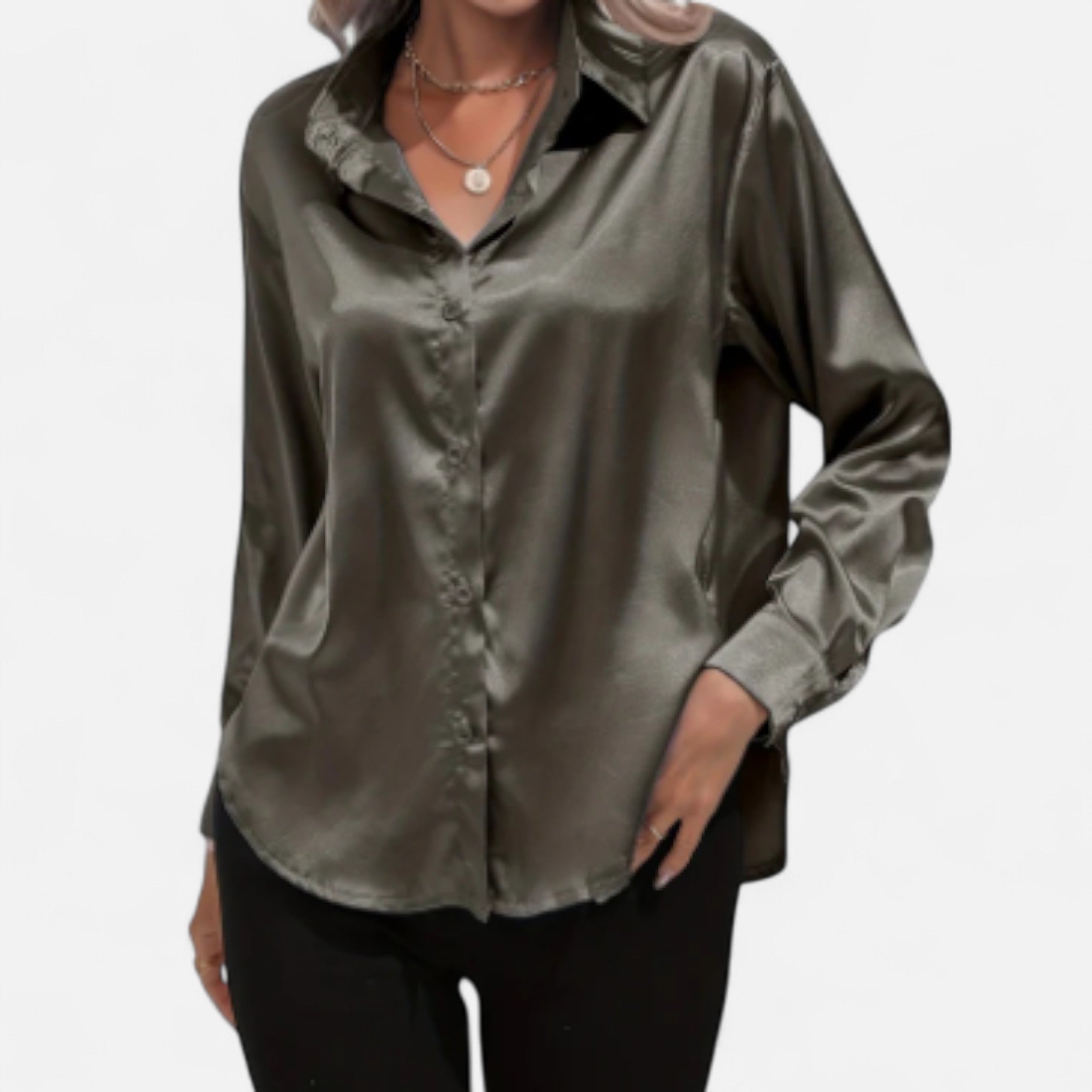 Solwiera | Damska Satynowa Koszula z Klasycznym Kołnierzem